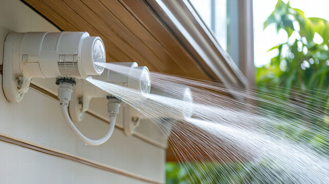 Misting systems provide refreshing outdoor experience, ideal for patios and gardens. This setup features multiple water sprayers, enhancing comfort during warm days