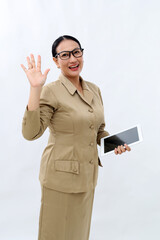 Female successful civil servant concept. Friendly smiling greeting new coworker. Welcome clients...