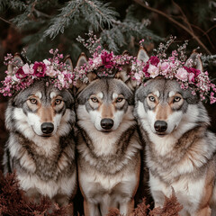 wolfdogs, each with delicate pink floral crowns