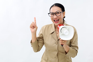 Young Asian civil servant woman with finger gesture pointing making announcement megaphone....