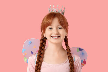 Cute redhead fairy on pink background