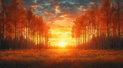 Obraz premium Stunning sunset glowing through tall trees in a dense forest creating an enchanting natural landscape scene