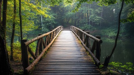 Obraz premium A serene wooden bridge stretches over a calm body of water, surrounded by lush green trees, creating a peaceful natural setting.