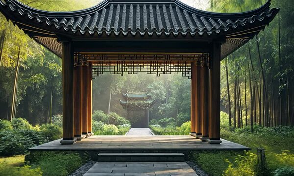 Amidst the garden landscape architecture, an oriental wooden pavilion evokes traditional temple building styles found in Asia, including China and Japan