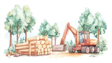 Obraz premium A colorful illustration of a logging machine beside stacked logs and green trees, depicting forestry and wood transportation.