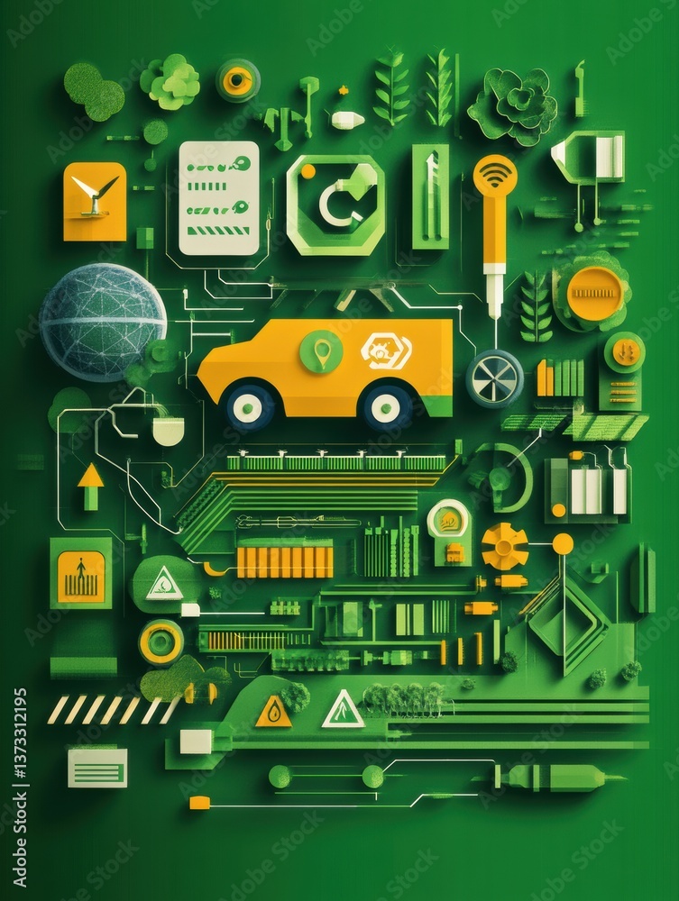 Poster creative blend of renewable energy concepts with engine elements showcasing the future of sustainabl