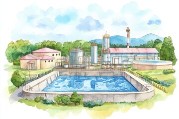 A colorful illustration of an industrial facility with large tanks, a water pool, and surrounding greenery, depicting a blend of technology and nature.