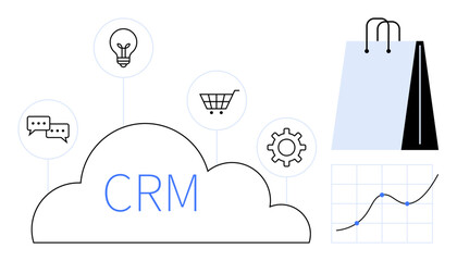 CRM cloud connects to shopping tools, analytics, communication, and innovation elements for streamlined business operations. Ideal for e-commerce, customer service, business growth, data insights