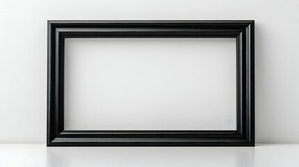 Obraz premium A sleek black rectangular picture frame rests on a pristine white surface against a minimalist white wall background ready for your artwork or design.