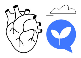 Black anatomical heart paired with blue speech bubble holding a sprouting leaf. Small cloud above for environmental, ecological, health, growth, sustainability, communication, compassion. Ideal