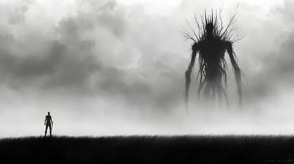 Silhouette of a Colossal Shadowy Figure and a Small Human Figure in a Foggy Landscape