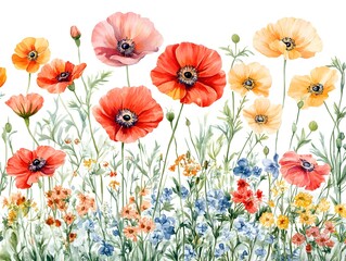 Fototapeta premium A vibrant watercolor painting showcases a delightful arrangement of red and yellow poppies blooming in a lush wildflower meadow.