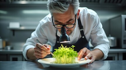 Michelin-Star Chef Carefully Preparing a Gourmet Plated Dish