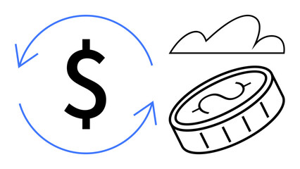 Dollar sign with circular arrows, coin, and cloud conveys circulation, digital finance, savings, investments, transactions, banking and economic flow. Ideal for finance fintech trade