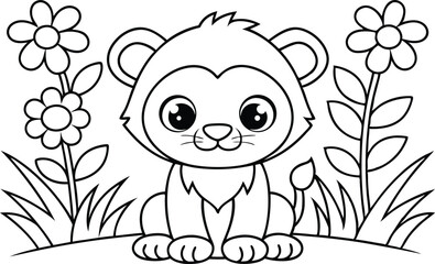 Cute Lion Cub Cartoon Outline with Flowers and Grass Elements