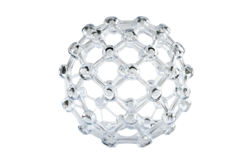 Futuristic 3d of glass clear spherical molecular structure representing biotechnology isolated on cut out PNG or transparent background. Scientific technology innovation and advanced nanotechnology.
