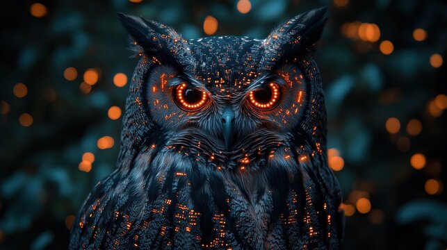 A close up of an owl with glowing eyes