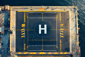 Aerial photograph showcasing modern helicopter landing pad perspective. Helipad is marked with clear 'H' symbol. Surrounded by safety markings. Air transportation and travel.