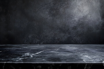 Podium Empty dark black marble table top with dark black cement stone background. Luxury for product stand with empty copy space for promotion. Copy space for text posters for advertising.