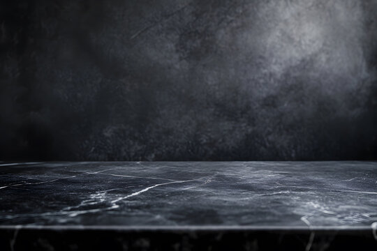 Podium Empty dark black marble table top with dark black cement stone background. Luxury for product stand with empty copy space for promotion. Copy space for text posters for advertising.