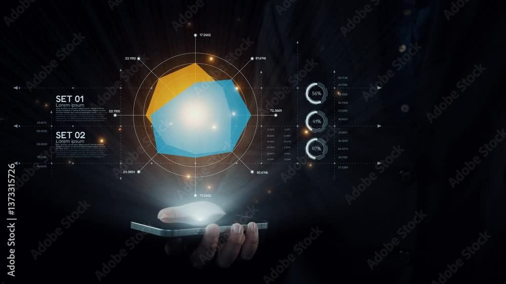 Poster a conceptual image showcasing a smartphone displaying geometric shapes and data analytics in a moder
