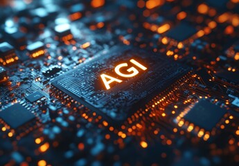 A computer chip with the letters AGI glowing in orange