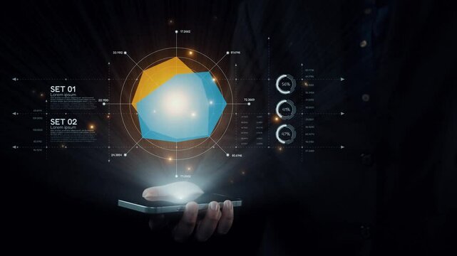 A conceptual image showcasing a smartphone displaying geometric shapes and data analytics in a modern technology interface against a dark background. Qubit
