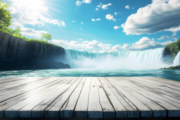 Landscape empty white wooden floor or table with waterfalls white mist, blue water sunny sky with bright sunlight steam is background. Realistic nature template. Podium for advertising stand display. 