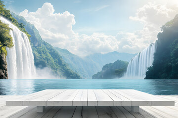 Landscape Empty white wooden floor or table with waterfalls, mountains, and green forests, white mist, blue water sunny sky, cloud nature is background. Podium for advertising stand display.