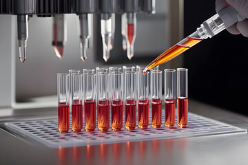 Scientist using multichannel pipette for high-throughput research in modern laboratory setting. Multi pipette in genetic laboratory background. Genetic Engineering Technology DNA Medical Science.