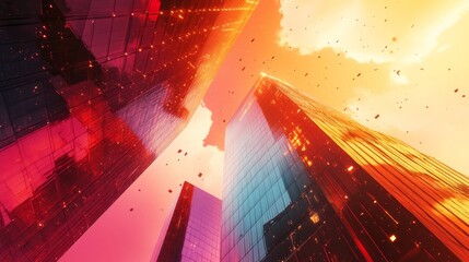 A striking upward perspective of a modern skyscraper with dynamic architectural features and shimmering glass panels, set against a vibrant urban sky