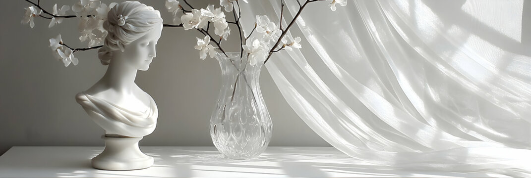 Naklejki White Classical Bust with Spring Flowers in a Vase and Sheer Drapery