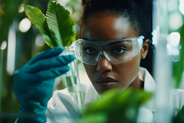 Medical Research Laboratory. Portrait of black woman Scientist in goggles using micropipette for scientist test tube. Advanced scientific lab for medicine biotechnology microbiology development DNA.