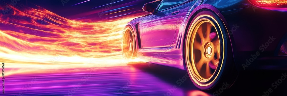 Aufkleber vibrant glowing car wheel creating a neon trail in an abstract high-speed motion backdrop at night