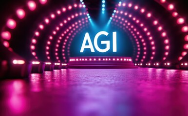 A bright pink and blue lighted tunnel with the word AGI written in white