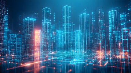 Fototapeta premium Futuristic digital city skyline glowing with vibrant neon lights and intricate network connections at night.