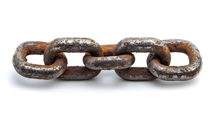 Obraz premium A close-up shot reveals a segment of rusty, aged metal chain links isolated on a pristine white background.