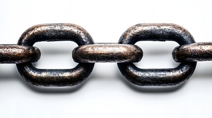 Fototapeta premium A close-up shot reveals a section of a heavy, dark metal chain with a rustic bronze finish against a stark white background.