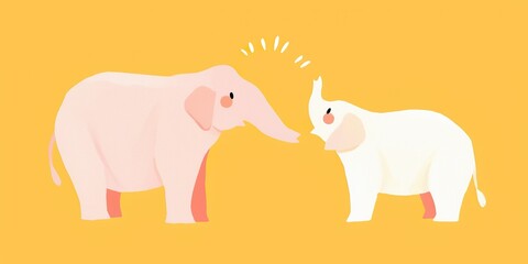 Fototapeta premium Two adorable elephants in shades of pink and white, engaging in a heartwarming interaction against a bright yellow backdrop. Perfect for children's content, the image emanates a sense of joy, love.