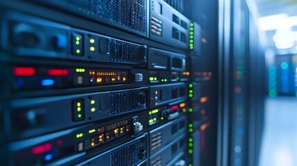 Obraz premium A close-up shot reveals a server rack filled with powerful computer hardware in a modern data center environment.