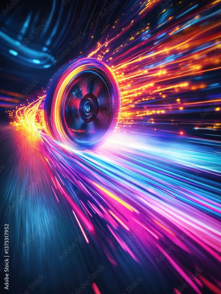 Poster glowing car wheel creates vibrant gasoline trail in dynamic high-speed motion through an abstract en