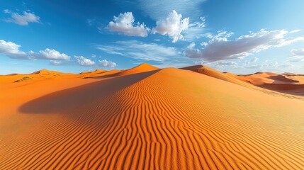 Desert dunes panorama, sunlit orange sand hills under a vivid sky