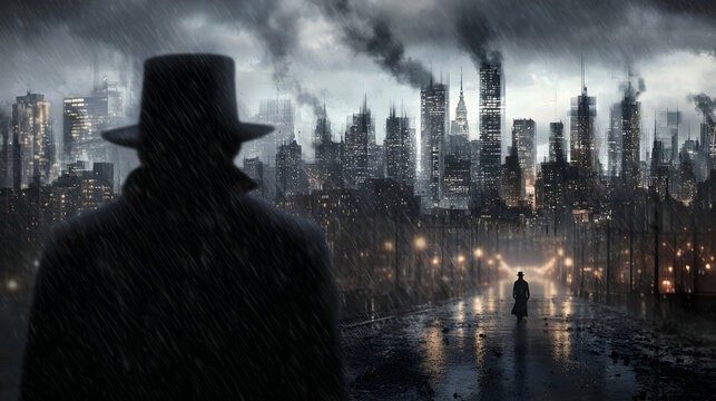 Silhouette of a Man in a Dark Rain-Soaked City at Night