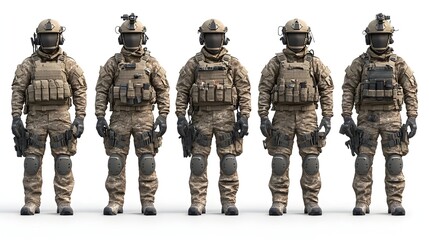 Fototapeta premium Five soldiers in desert camouflage tactical gear stand in formation ready for deployment against a white background.