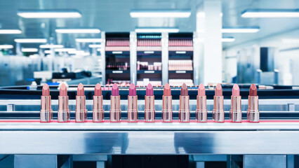 Cosmetic factory with robotic assembly line placing lipsticks in rows. Bright interior with blurred different products background.