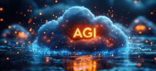 A blue cloud with orange letters that say AGI