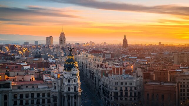 Crea una imagen con una vista panor&Atilde;&iexcl;mica de la ciudad al amanecer, resaltando el contraste entre las sombras de los edificios y la suave luz dorada que simboliza un nuevo comienzo