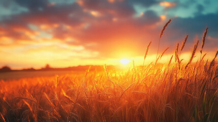 Fototapeta premium Golden wheat field capturing the essence of a beautiful sunset with warm tones and natural beauty of the landscape