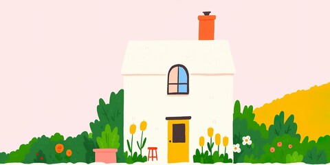 A quaint illustration of a charming home nestled in a garden, complete with blossoming flowers and lush greenery.