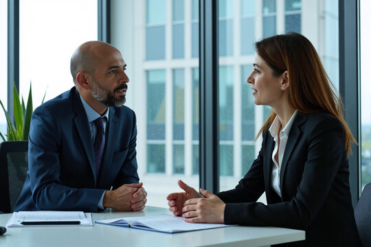 Diverse business professionals engaged in serious conversation at modern office meeting table. Male executive and female colleague discussing business matters in contemporary corporate environment